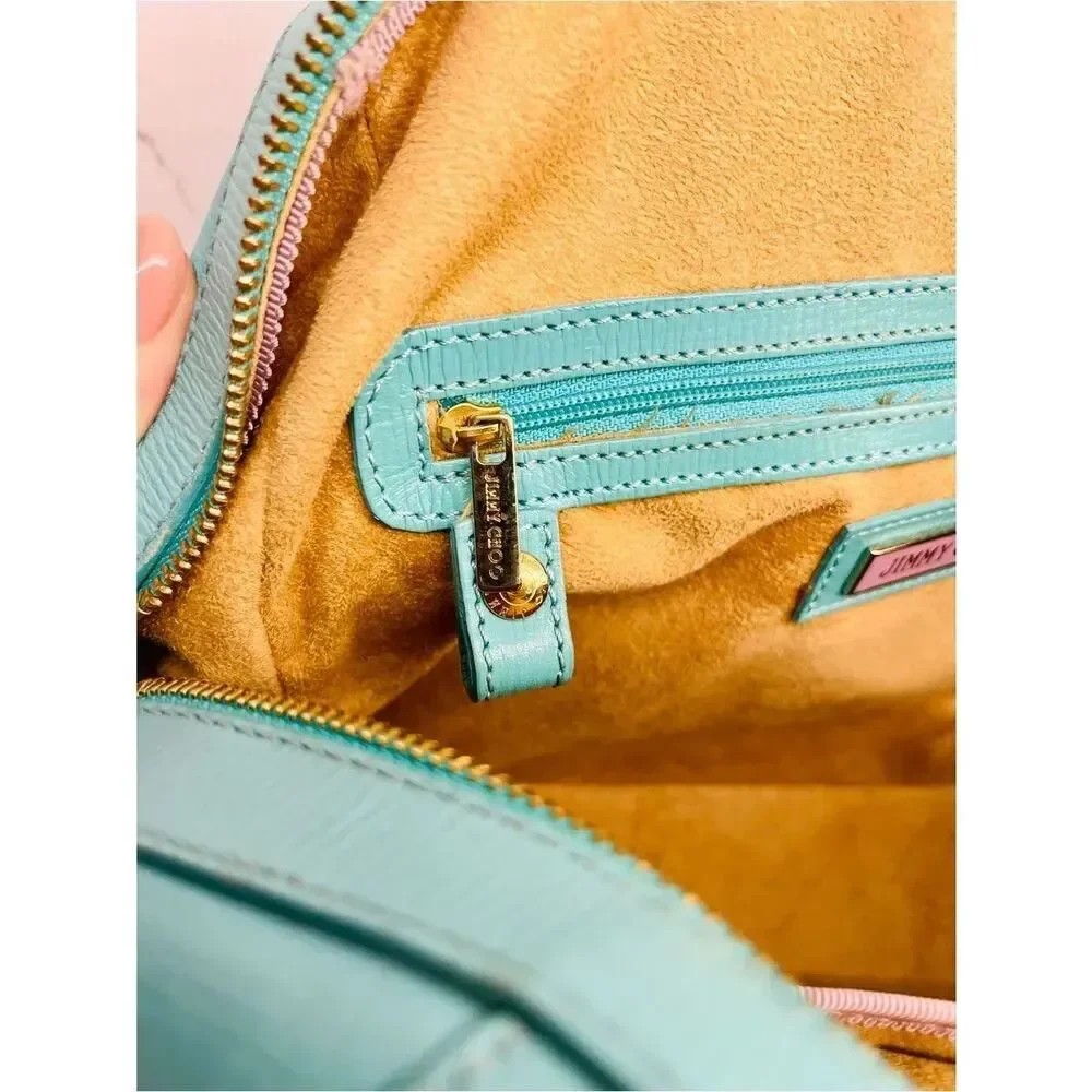 ✨ Jimmy Choo Vintage Turquoise Leather Satchel Top Handle Gold Hardware Bag